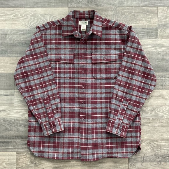 NWOT VTG LL Bean Chamois Cloth Shirt Men’s LARGE Maroon Grey White Plaid 0 FFN2